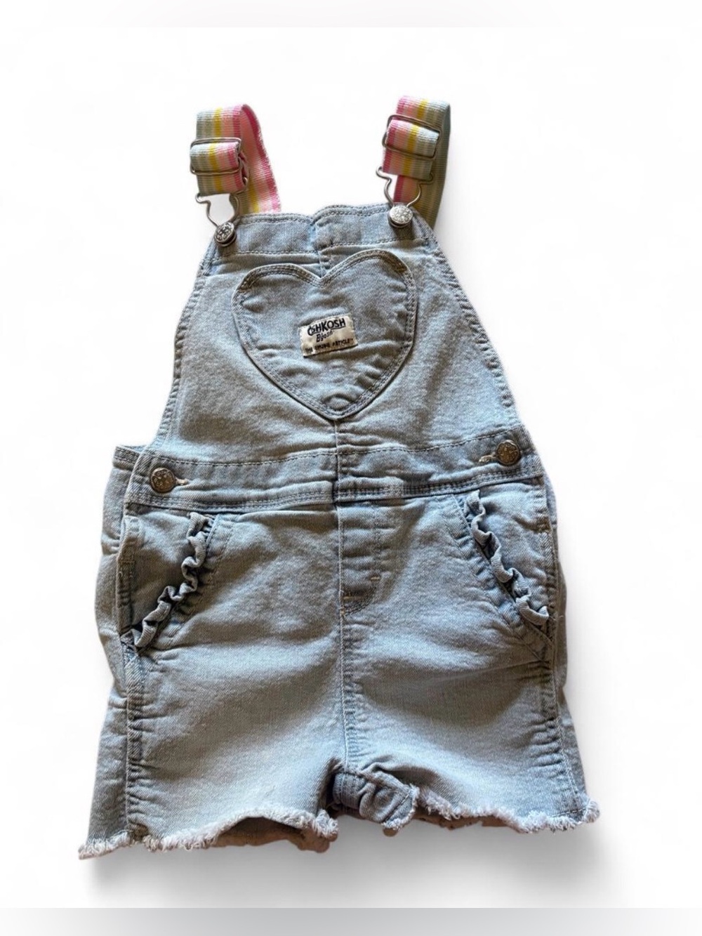 OshKosh B'gosh Light Denim Heart Pocket Short Overalls with Striped Straps